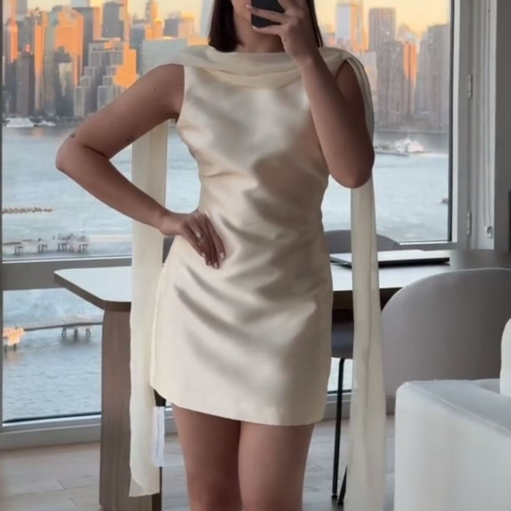 NWOT Reformation Ecru Satin Mini Dress with Drape Scarf - Picture 7 of 13